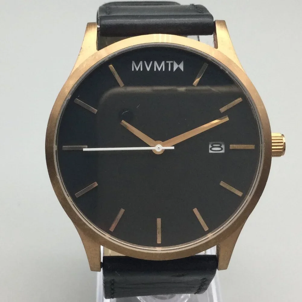 MVMT Classic Watch Men 45mm Rose Gold Tone Date Leather Band New Battery